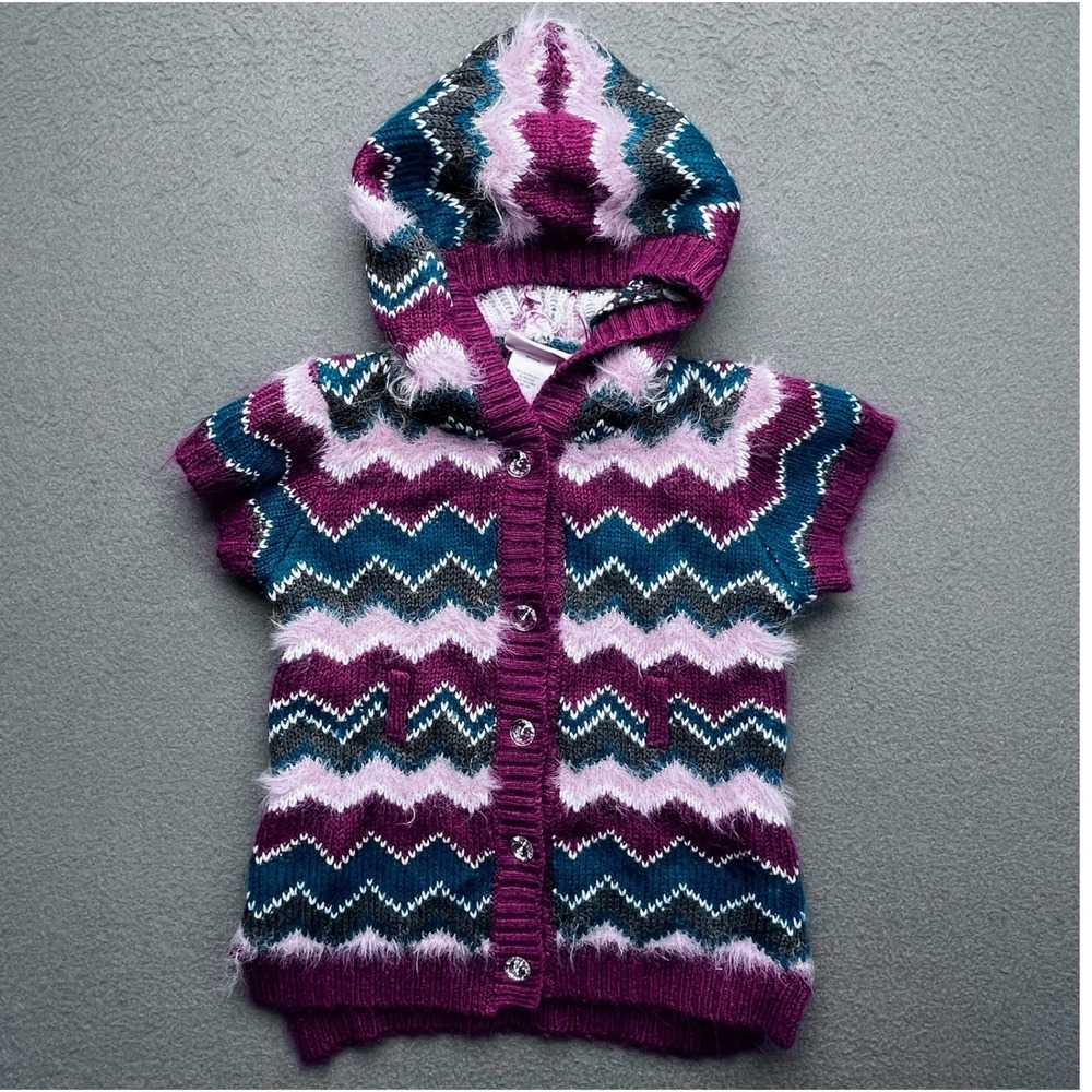 Little Lass Girls 2T Chevron Fuzzy Hooded Cardigan Sweater Purple Teal